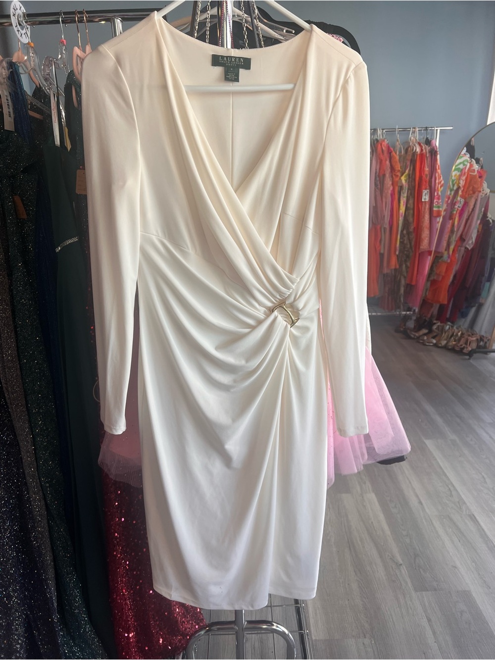 Lauren Ralph Lauren Cream Long-Sleeve Draped Gathered Jersey Dress